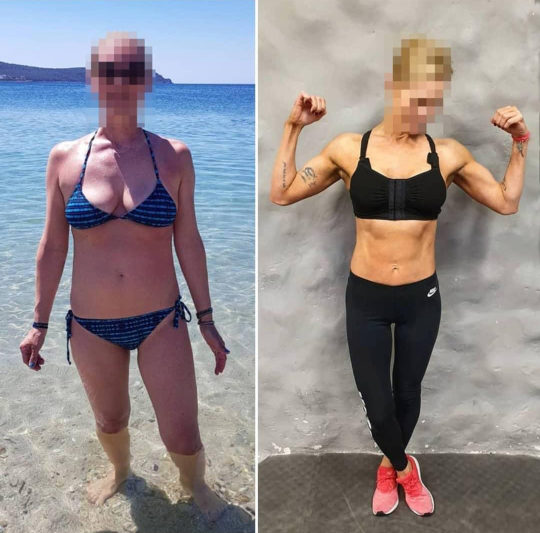 Kund före och efter träning, arm och biceps